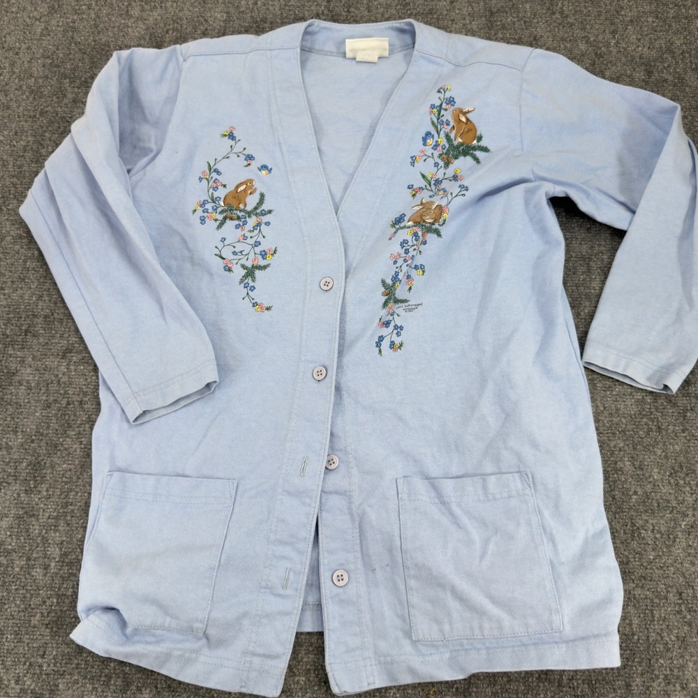 Vintage Bunny Floral Embroidered Cardigan Blue Size Large